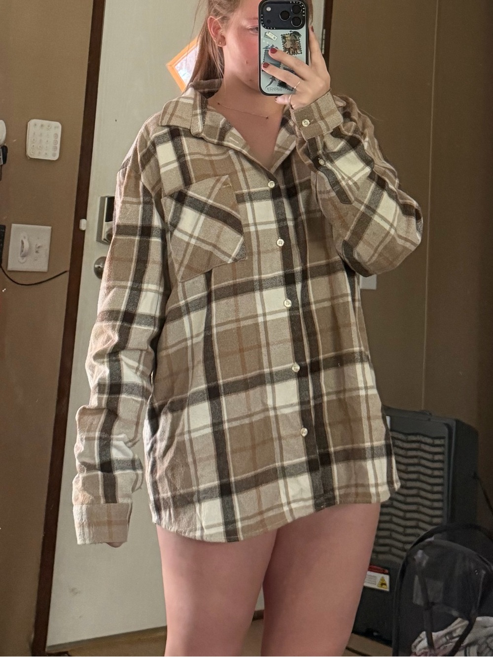 Men’s Classic Plaid Button-Up Shirt in Brown & Cream - XL